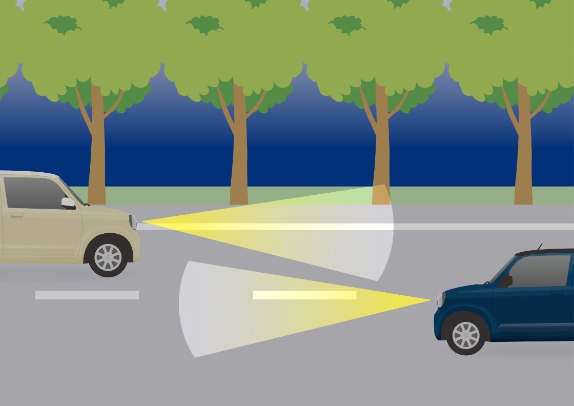 対向車の有無に応じてヘッドライトを自動で切り替える様子