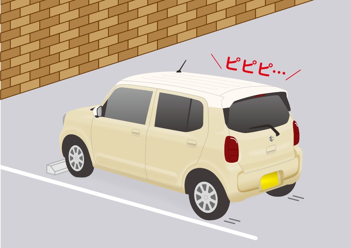 駐車場で誤発進を検知し、エンジン出力抑制と警告音で飛び出しを防止する様子