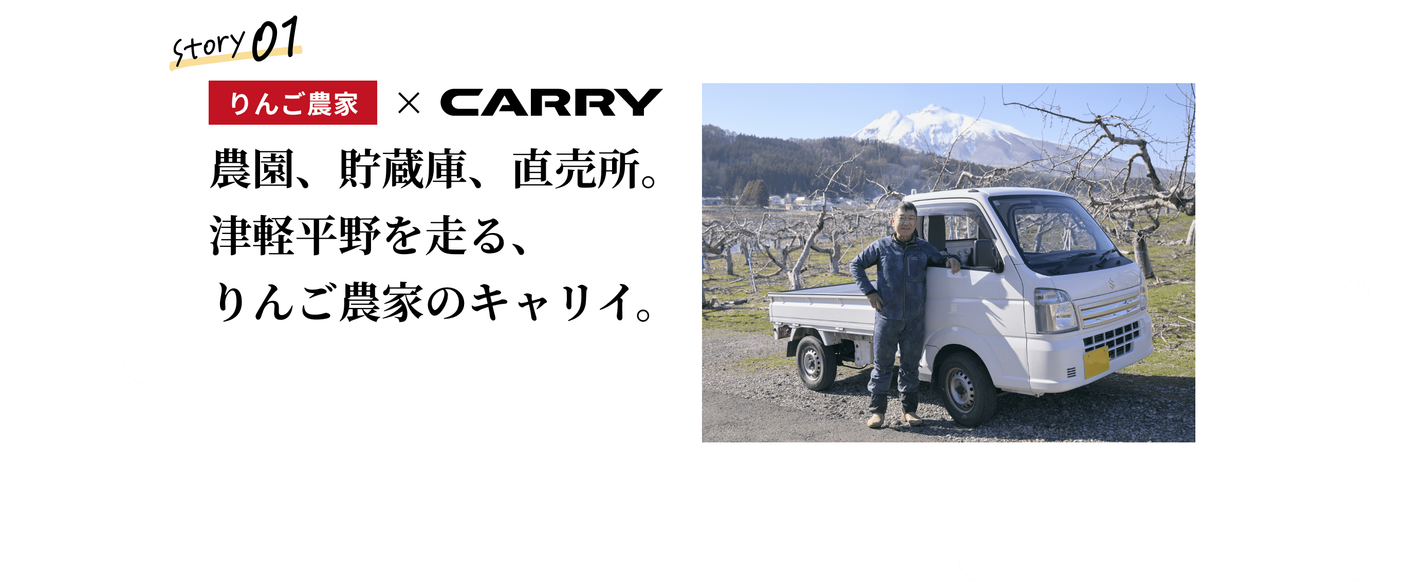 りんご農家&times;CARRY Story 01 農園、貯蔵庫、直売所。津軽平野を走る、りんご農家のキャリイ。りんご農家と、キャリイの2ショット
