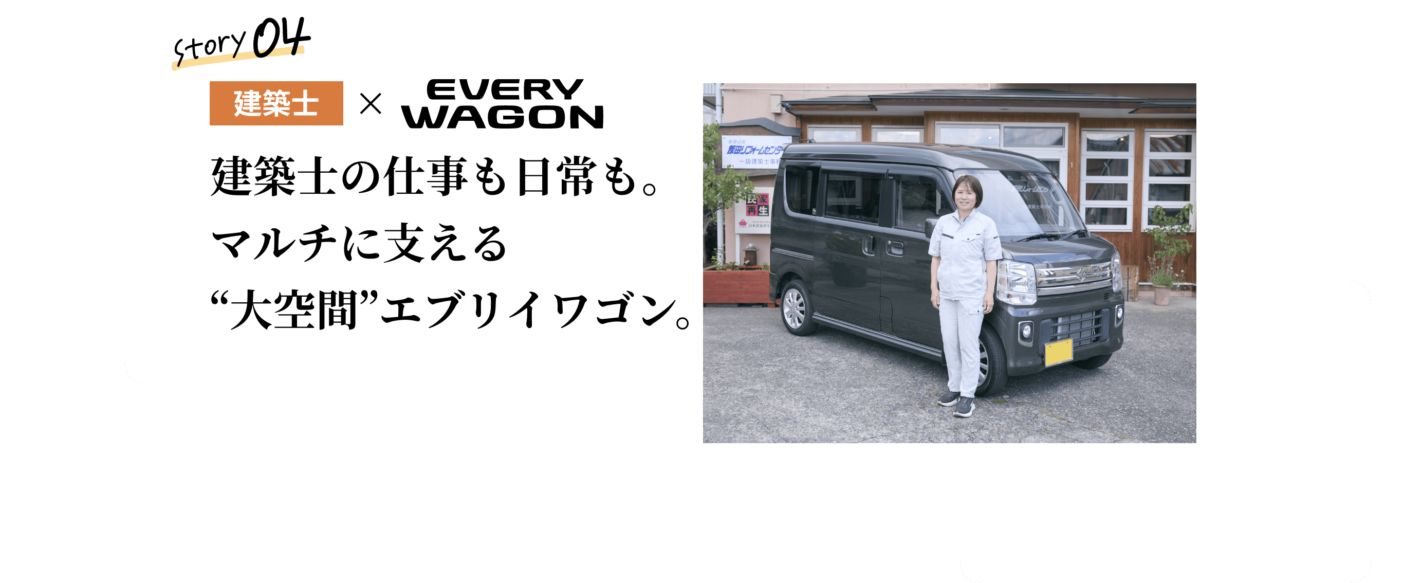 建築士&times;EVERYWAGON Story 04 建築士の仕事も日常も。マルチに支える“大空間”エブリイワゴン。 エブリイワゴンと建築士