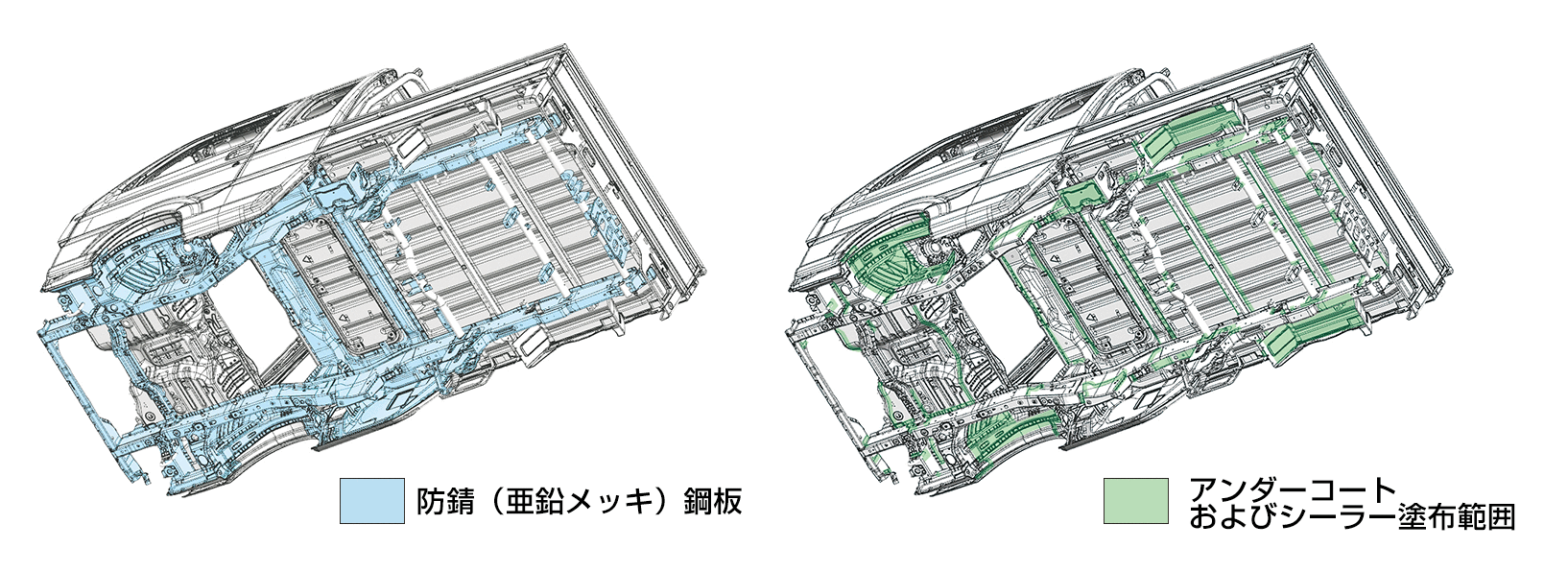 （左）防錆（亜鉛メッキ）鋼板の使用範囲を示したイラストイメージ。（右）アンダーコートおよびシーラー塗布範囲を示したイラストイメージ。