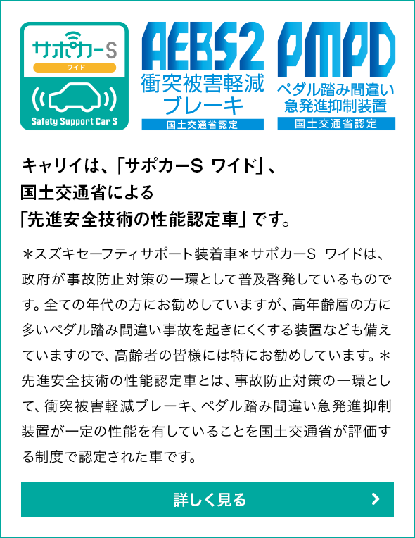 キャリイは、「サポカーS ワイド」、国土交通省による「先進安全技術の性能認定車」です。＊スズキセーフティサポート装着車＊サポカーSワイドは、政府が事故防止対策の一環として普及啓発しているものです。全ての年代の方にお勧めしていますが、高年齢層の方に多いペダル踏み間違い事故を起きにくくする装置なども備えていますので、高齢者の皆様には特にお勧めしています。＊先進安全技術の性能認定車とは、事故防止対策の一環として、衝突被害軽減ブレーキ、ペダル踏み間違い急発進抑制装置が一定の性能を有していることを国土交通省が評価する制度で認定された車です。詳しく見る