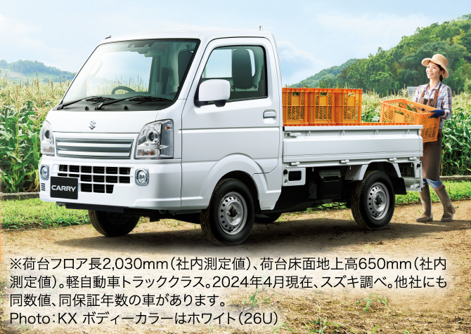 ※荷台フロア長2,030mm、低い荷台床面地上高650mm。軽自動車トラッククラス。2023年7月現在、スズキ調べ。他社にも同数値、同保証年数の車があります。Photo：KX LEDヘッドランプ装着車 ボディーカラーはホワイト（26U）