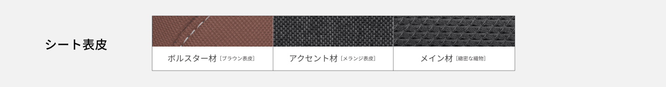 シート表皮：ボルスター材［ブラウン表皮］、アクセント材［メランジ表皮］、メイン材［緻密な織物］
