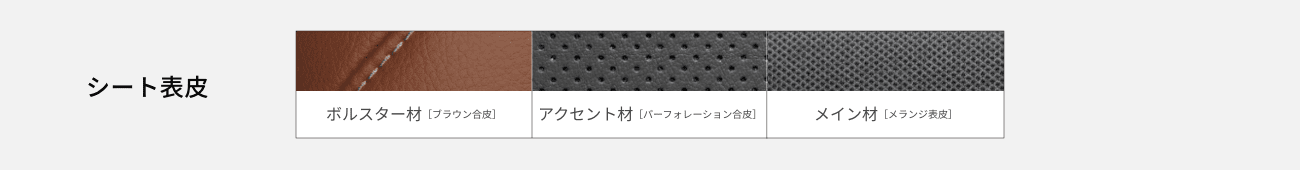 シート表皮：ボルスター材［ブラウン合皮］、アクセント材［パーフォレーション合皮］、メイン材［メランジ表皮］