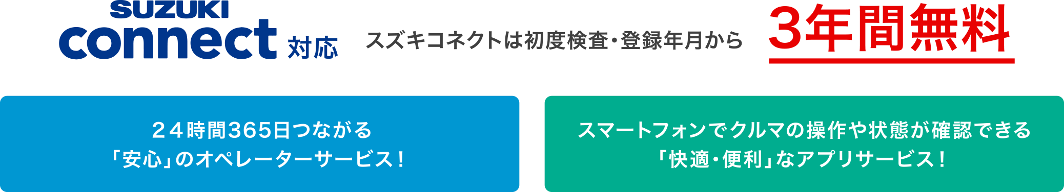 SUZUKI connect対応 スズキコネクトは初度検査・登録年月から3年間無料 24時間365日つながる「安心」のオペレーターサービス！ スマートフォンでクルマの操作や状態が確認できる「快適・便利」なアプリサービス！
