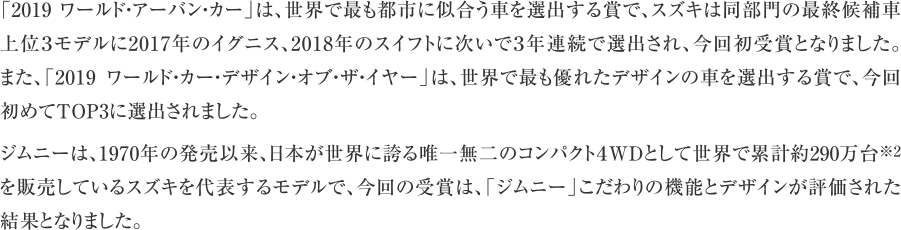 「2019 ワールド・アーバン・カー」は、世界で最も都市に似合う車を選出する賞で、スズキは同部門の最終候補車上位３モデルに2017年のイグニス、2018年のスイフトに次いで3年連続で選出され、今回初受賞となりました。また、「2019 ワールド・カー・デザイン・オブ・ザ・イヤー」は、世界で最も優れたデザインの車を選出する賞で、今回初めてTOP3に選出されました。ジムニーは、1970年の発売以来、日本が世界に誇る唯一無二のコンパクト４WDとして世界で累計約290万台※2を販売しているスズキを代表するモデルで、今回の受賞は、「ジムニー」こだわりの機能とデザインが評価された結果となりました。