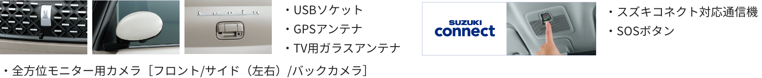 ・USBソケット ・GPSアンテナ ・TV用ガラスアンテナ ・全方位モニター用カメラ［フロント/サイド（左右）/バックカメラ］ SUZUKI connect・スズキコネクト対応通信機 ・SOSボタン