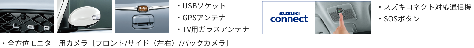 ・USBソケット ・GPSアンテナ ・TV用ガラスアンテナ ・全方位モニター用カメラ［フロント/サイド（左右）/バックカメラ］ SUZUKI connect・スズキコネクト対応通信機 ・SOSボタン