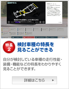 特長2 検討車種の特長を見ることができる