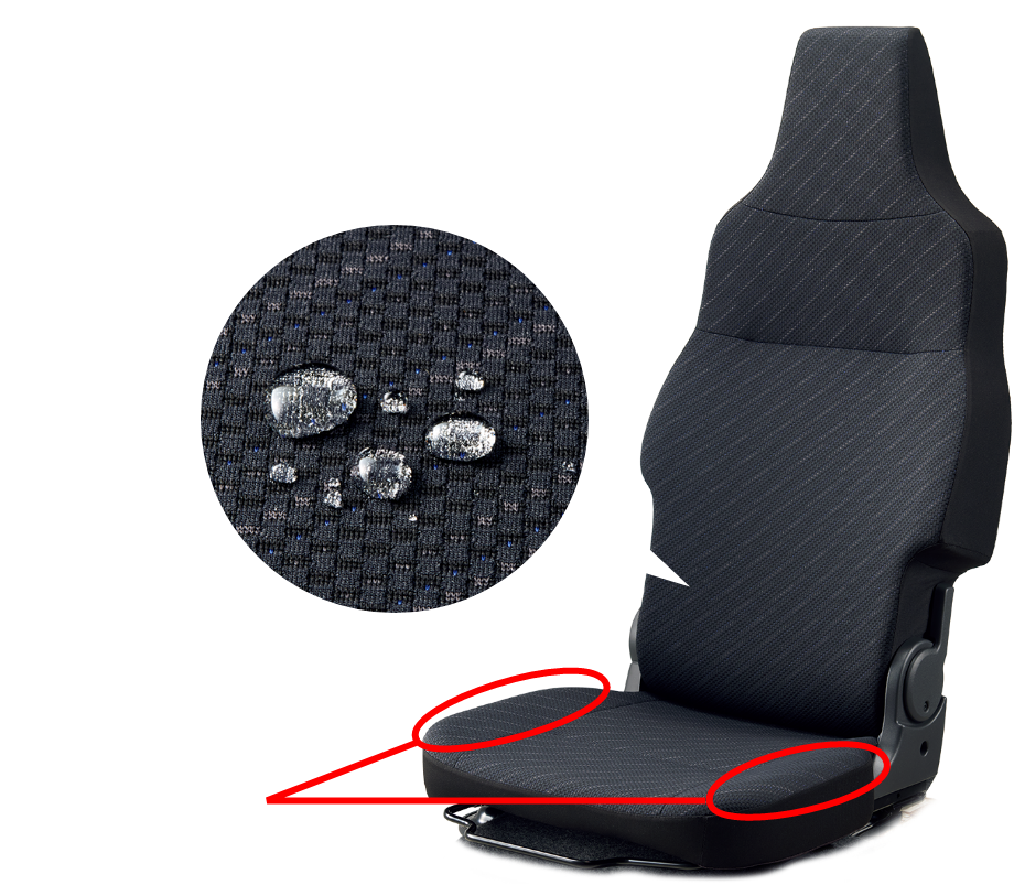 シート座面には着座姿勢を安定させるサイドサポートを設定。さらに撥水加工を施しているため、水に濡れてもサッと拭き取れます。 サイドサポート