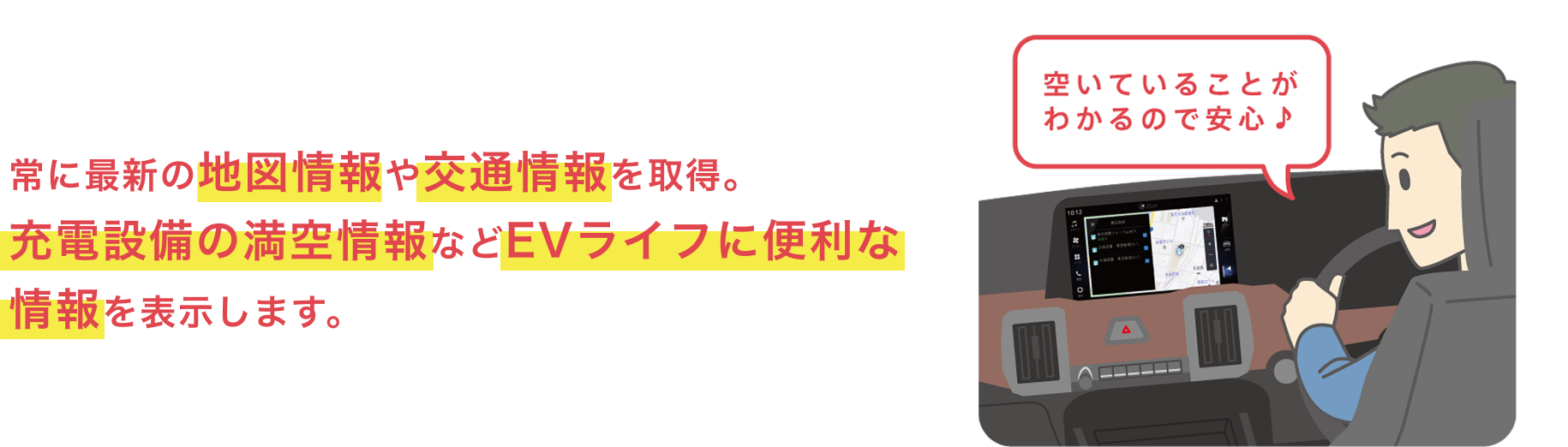 常に最新の地図情報や交通情報を取得。充電設備の満空情報などEVライフに便利な情報を表示します。