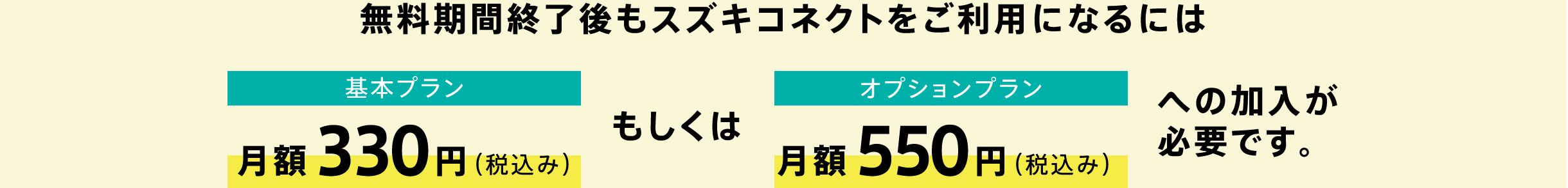 無料期間終了後もスズキコネクトをご利用になるには基本プラン月額330円（税込み）もしくはオプションプラン月額550円（税込み）への加入が必要です。