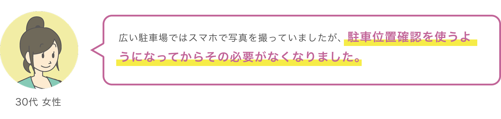 30代 女性 広い駐車場ではスマホで写真を撮っていましたが、駐車位置確認を使うようになってからその必要がなくなりました。