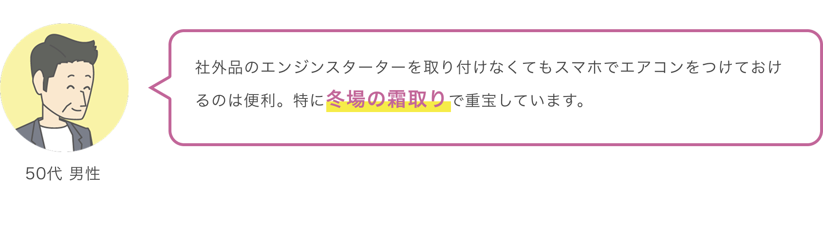 50代 男性 社外品のエンジンスターターを取り付けなくてもスマホでエアコンをつけておけるのは便利。特に冬場の霜取りで重宝しています。