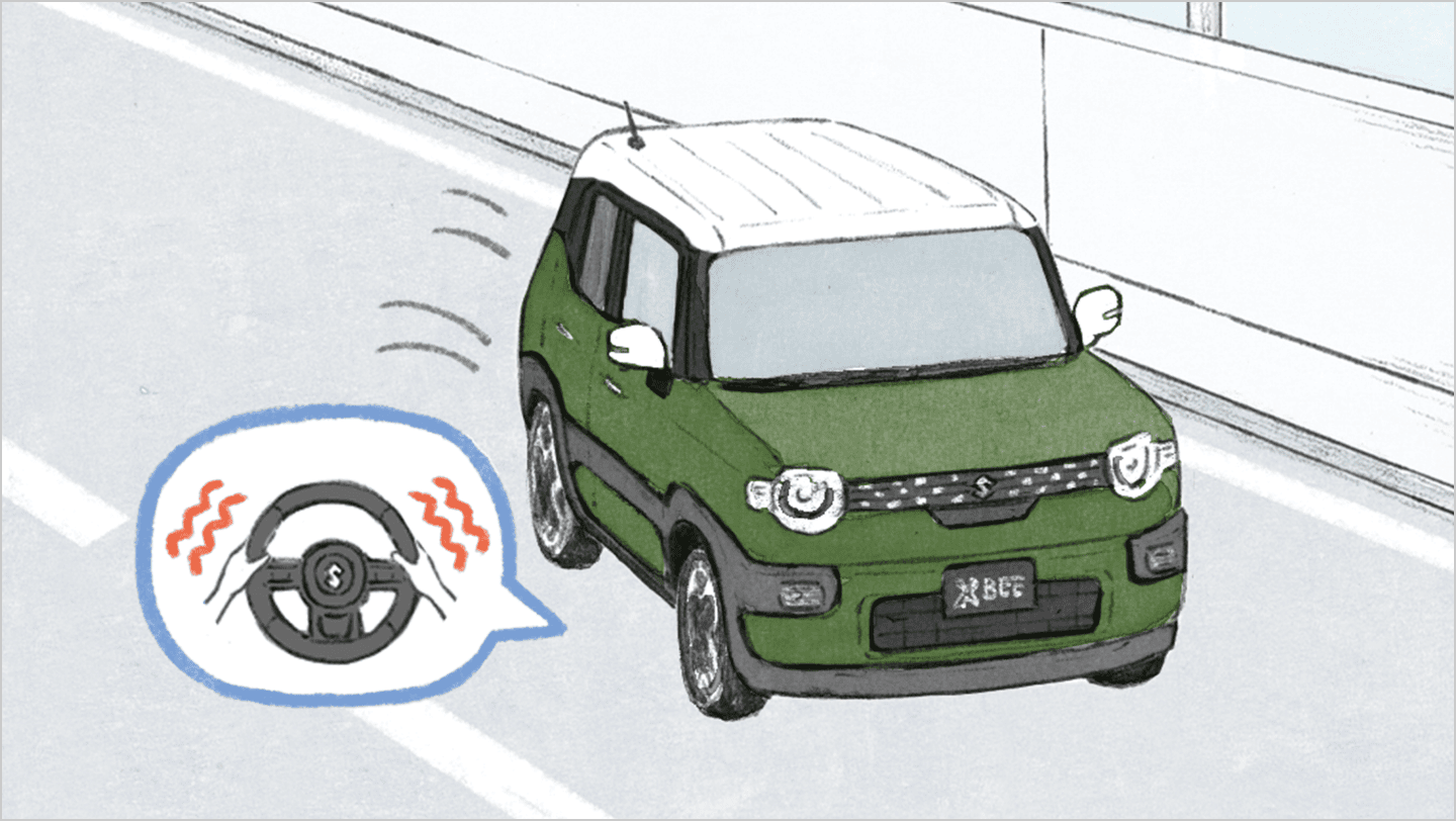メーター内の表示および、ハンドルの<br class='u-is-pc'>振動またはブザー音で車線からの「はみ出し」や「ふらつき」を警報します。