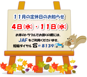 ◇　11月の定休日のお知らせ　◇