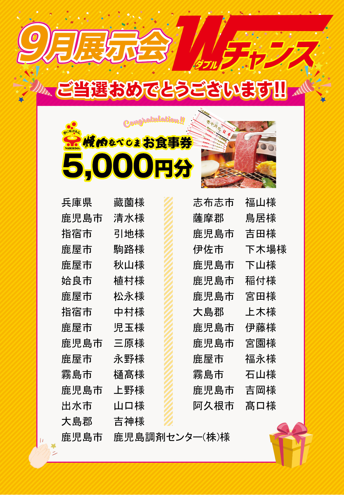 ９月展示会wチャンス当選発表 その他 お店ブログ 株式会社スズキ自販鹿児島 スズキアリーナ川内