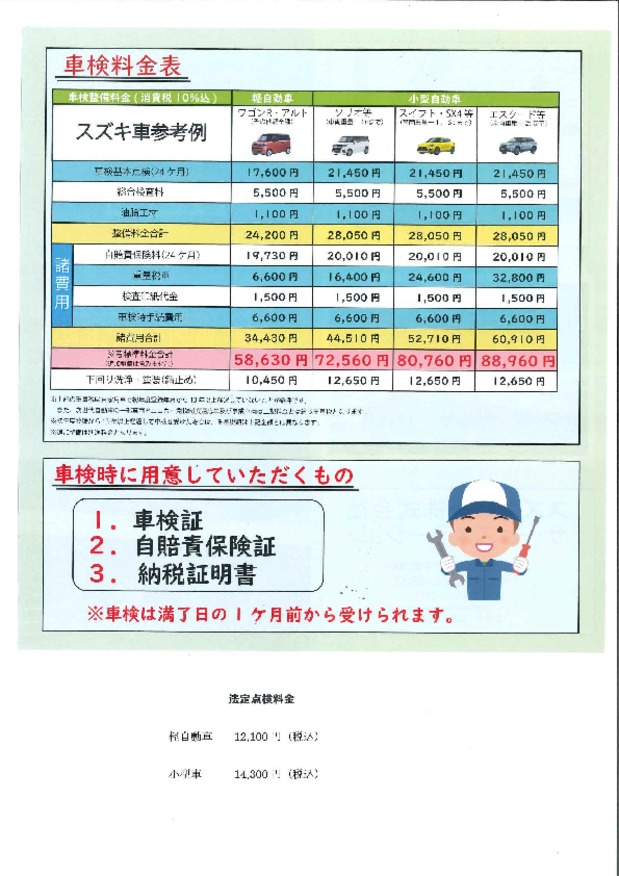当店の整備料金（車検・法定点検）