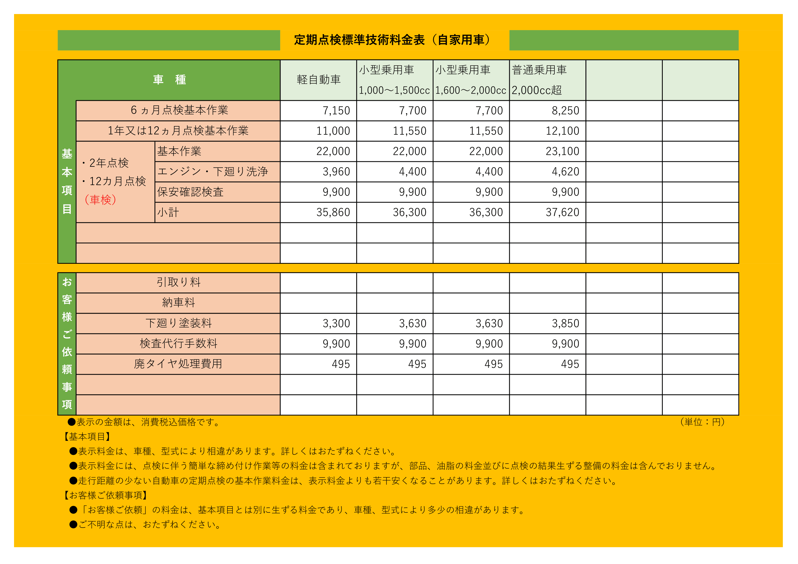 定期点検標準技術料金表