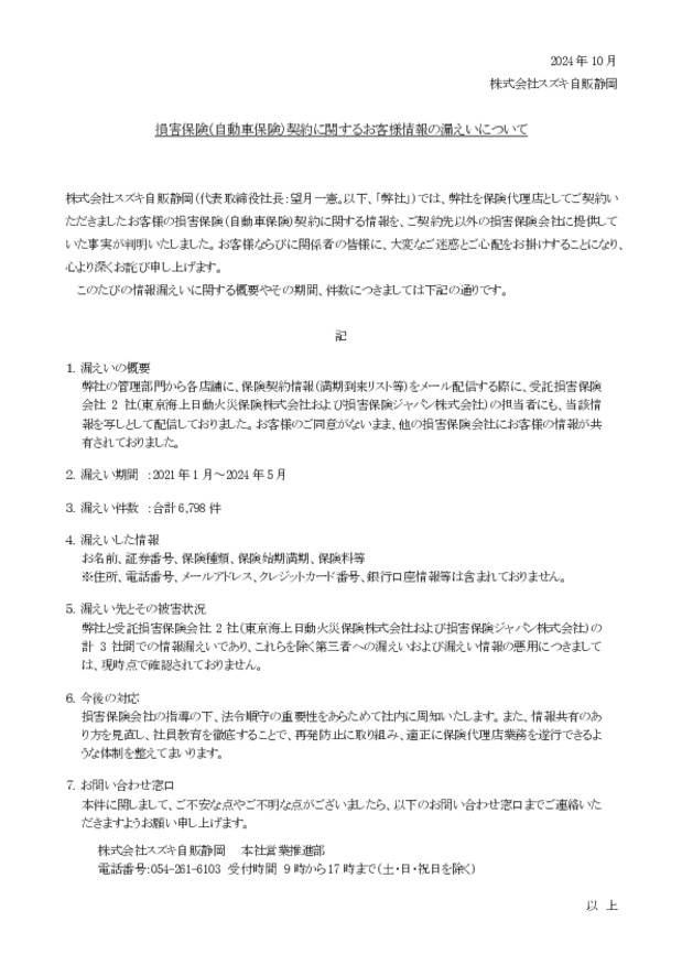 損害保険（自動車保険）契約に関するお客様情報の漏えいについて