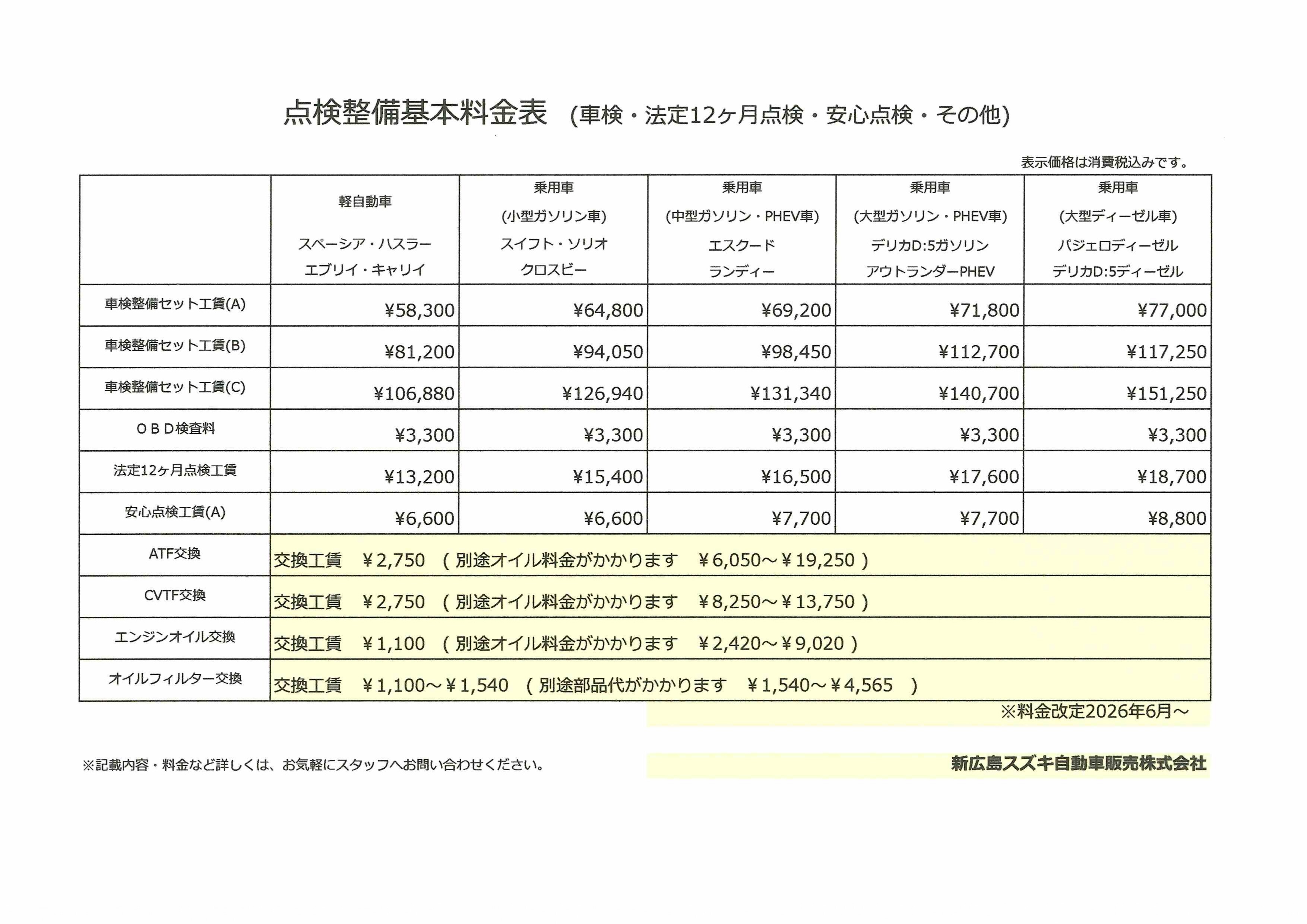 平成23年　車検無し　走行115100キロ　激安価格 車検・点検整備基本料金表｜その他｜お店ブログ｜新広島スズキ販売株式