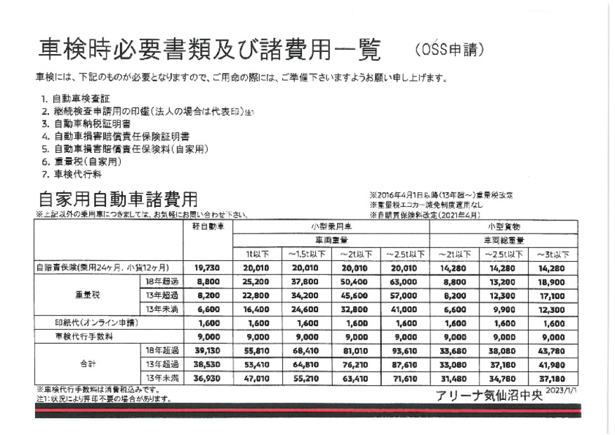 整備料金表
