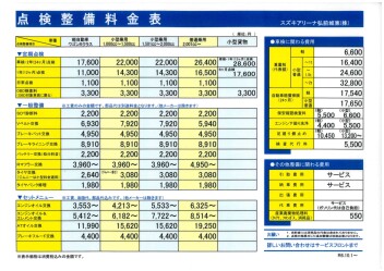 点検整備料金表のご案内