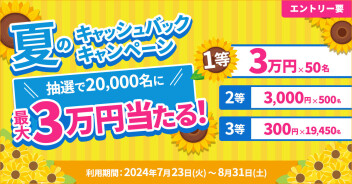 抽選で20,000名に当たる！夏のキャッシュバックキャンペーン！