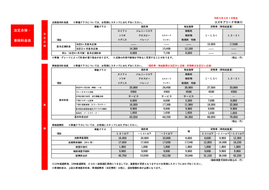 当店の整備・点検料金について