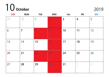 １０月の定休日のご案内