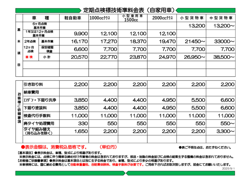 点検・整備料金表