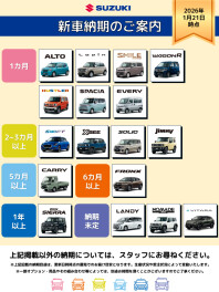 ☆新車納期のご案内☆　【1月21日更新】