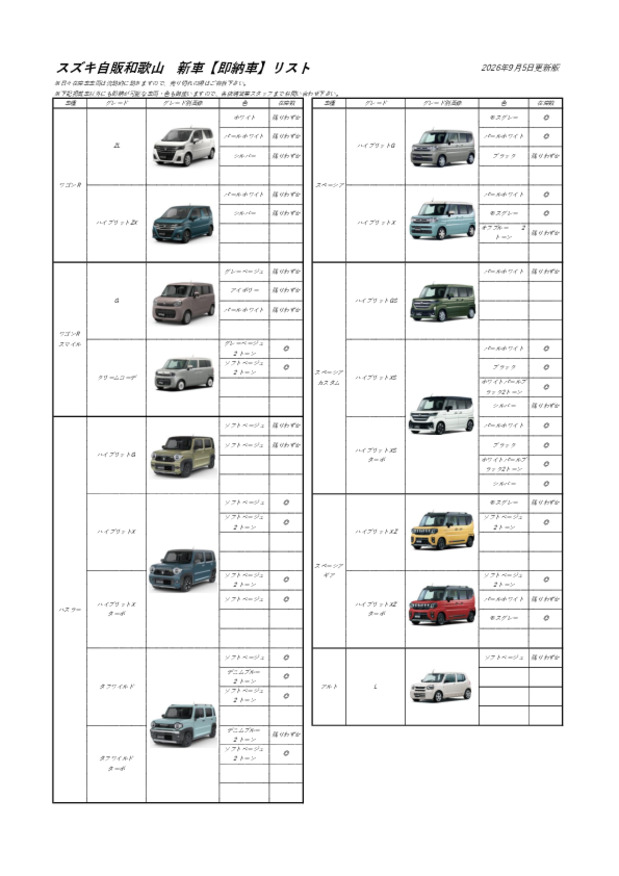 【更新】2026年9月5日現在の即納車リスト