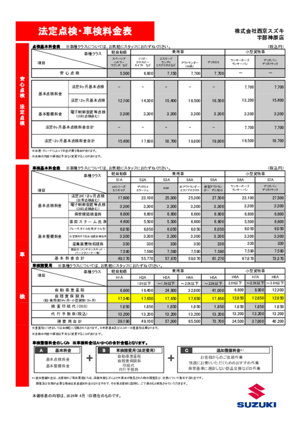 法定点検・車検整備料金改定のお知らせ｜その他｜お店ブログ｜株式会社