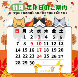 11月定休日のおしらせ！