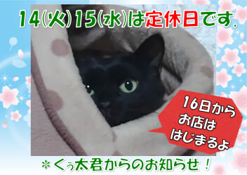 定休日のおしらせ！