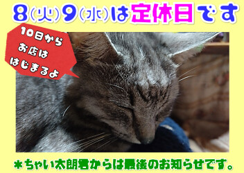 定休日のお知らせ！