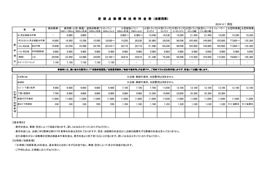整備料金表のご案内