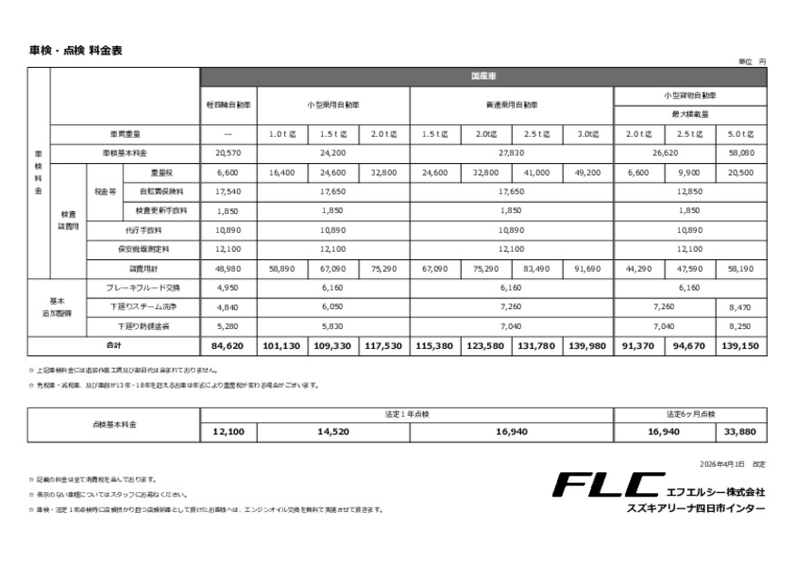 当店整備料金一覧表