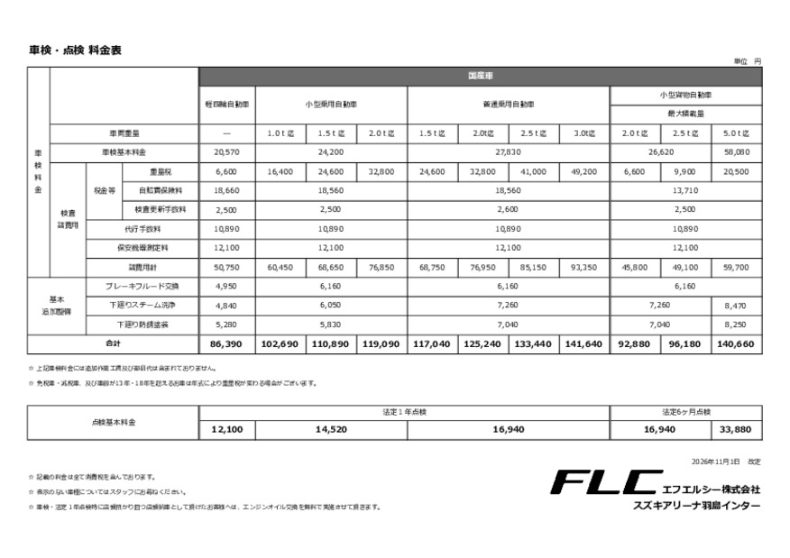 車検・点検料金表
