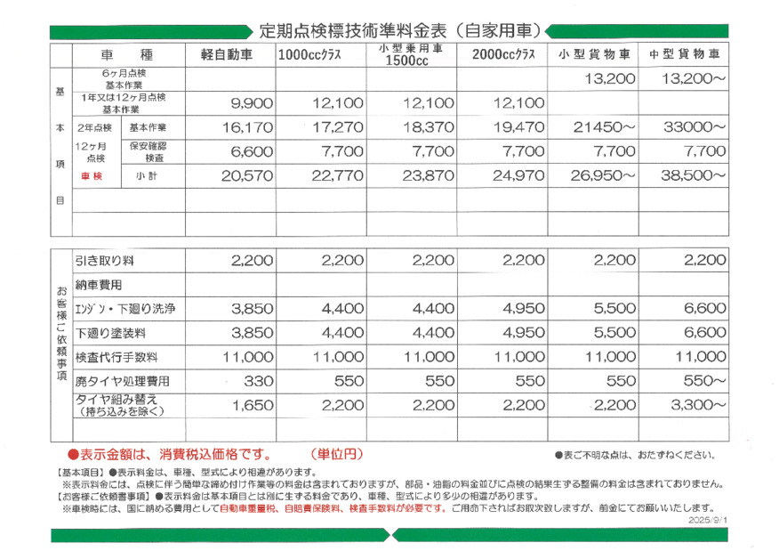 点検・整備料金表