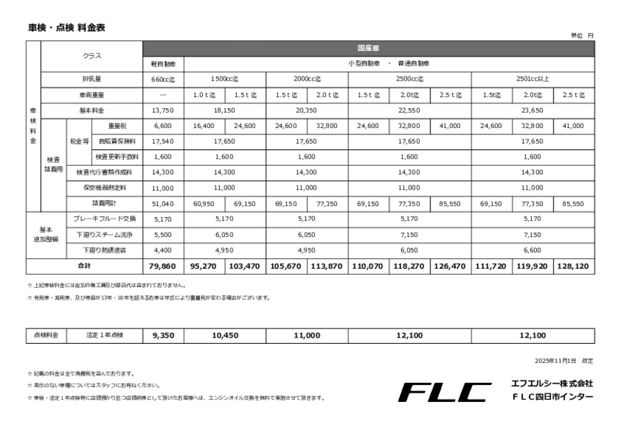 当店整備料金一覧表