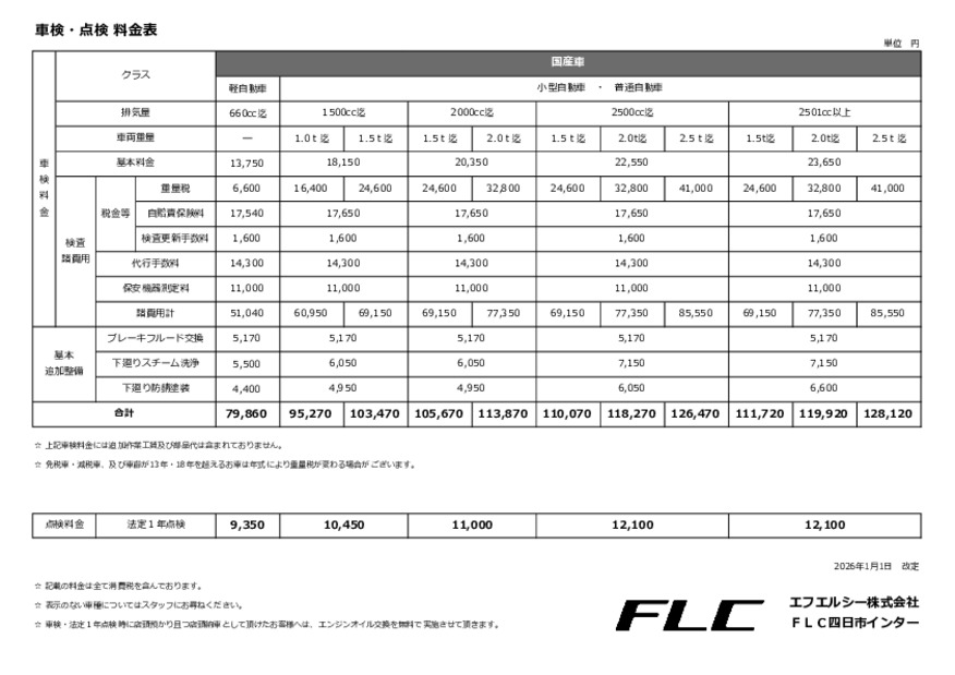 当店整備料金一覧表