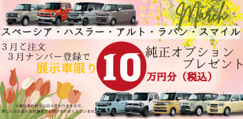 【展示車限り】3月ナンバー登録でオプション１０万円分プレゼント☆彡