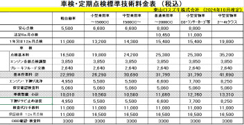 車検・点検　料金表