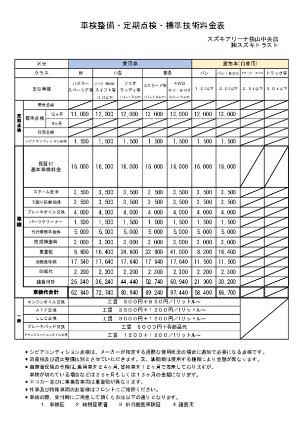 点検・整備料金表