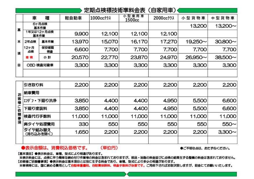 点検・整備料金表