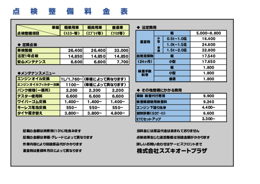 点検・整備料金表　2025.7月