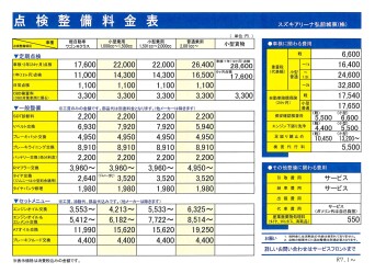 点検整備料金表のご案内